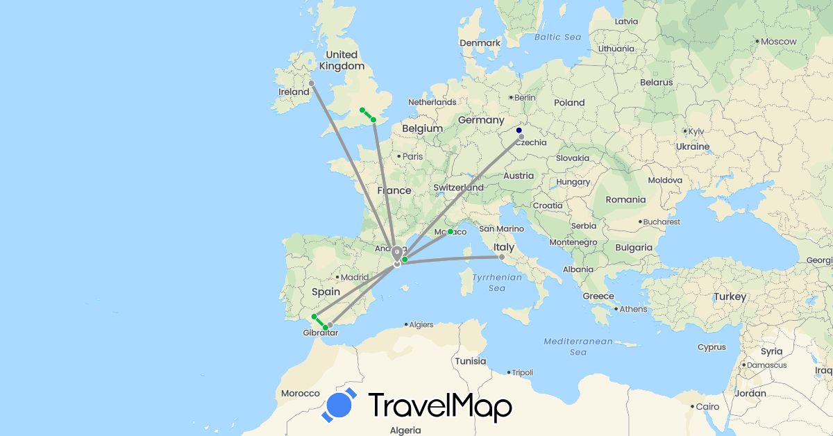 TravelMap itinerary: driving, bus, plane in Czech Republic, Spain, France, United Kingdom, Ireland, Italy, Monaco (Europe)